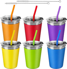 SSAWcasa 6Pcs 12oz Kids Cups with Silicone Straws and Lids - Spill Proof Kids Sippy Cups Stainless Steel Kids Tumblers for Cold & Hot Drinks for Children and Adult