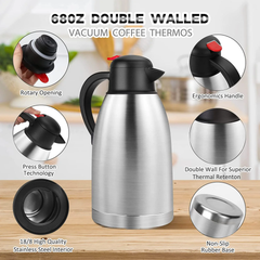 SSAWcasa Thermal Coffee Carafe 68oz Double Wall Vacuum Coffee Thermos Stainless Steel Insulated Airpot Thermal Pot Flask Water Beverage Dispenser 12 Hour Heat Retention/24 Hour Cold Retention(Silver)