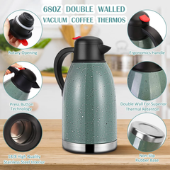 SSAWcasa Thermal Coffee Carafe 68oz Double Wall Vacuum Coffee Thermos Stainless Steel Insulated Airpot Thermal Pot Flask 12 Hour Heat Retention/24 Hour Cold Retention(Spotted Green)