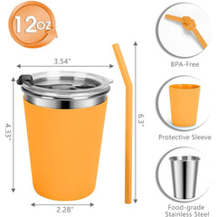 Flantor Kids Cups with Straws and Lids 4 Pack, 12 oz Spill-Proof Stainless Steel Drinking Water Tumblers with Anti-Slip Sleeves for Hot or Cold Drinks