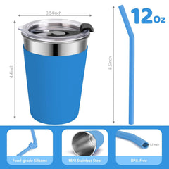 Flantor Kids Cups with Straws and Lids 4 Pack, 12 oz Spill-Proof Stainless Steel Drinking Water Tumblers with Anti-Slip Sleeves for Hot or Cold Drinks
