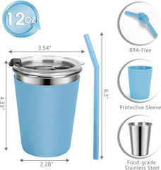 Flantor 5 Pack Kids Cups with Straws and Lids Leak Proof, 12 oz Spill Proof Stainless Steel Water Tumblers with Anti-Slip Sleeves for Hot or Cold Drinks