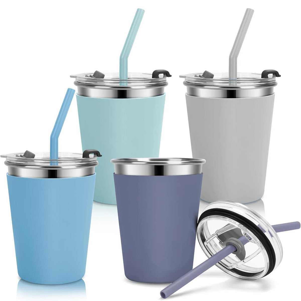 Flantor Kids Cups with Straws and Lids 4 Pack, 12 oz Spill-Proof Stainless Steel Drinking Water Tumblers with Anti-Slip Sleeves for Hot or Cold Drinks