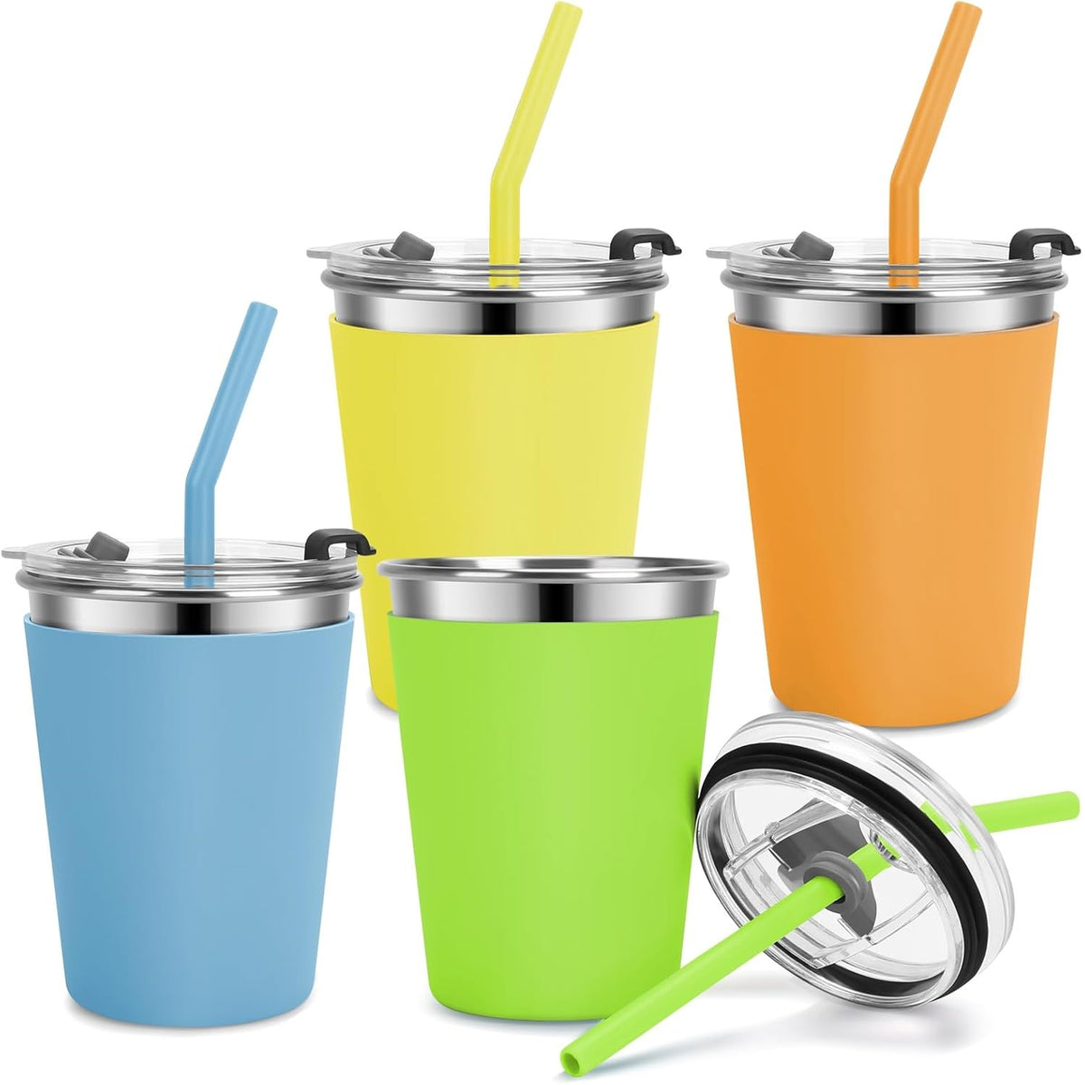 Flantor Kids Cups with Straws and Lids 4 Pack, 12 oz Spill-Proof Stainless Steel Drinking Water Tumblers with Anti-Slip Sleeves for Hot or Cold Drinks