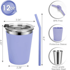 Flantor Kids Cups with Straws and Lids 4 Pack, 12 oz Spill-Proof Stainless Steel Drinking Water Tumblers with Anti-Slip Sleeves for Hot or Cold Drinks