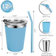Flantor Kids Cups with Straws and Lids 4 Pack, 12 oz Spill-Proof Stainless Steel Drinking Water Tumblers with Anti-Slip Sleeves for Hot or Cold Drinks
