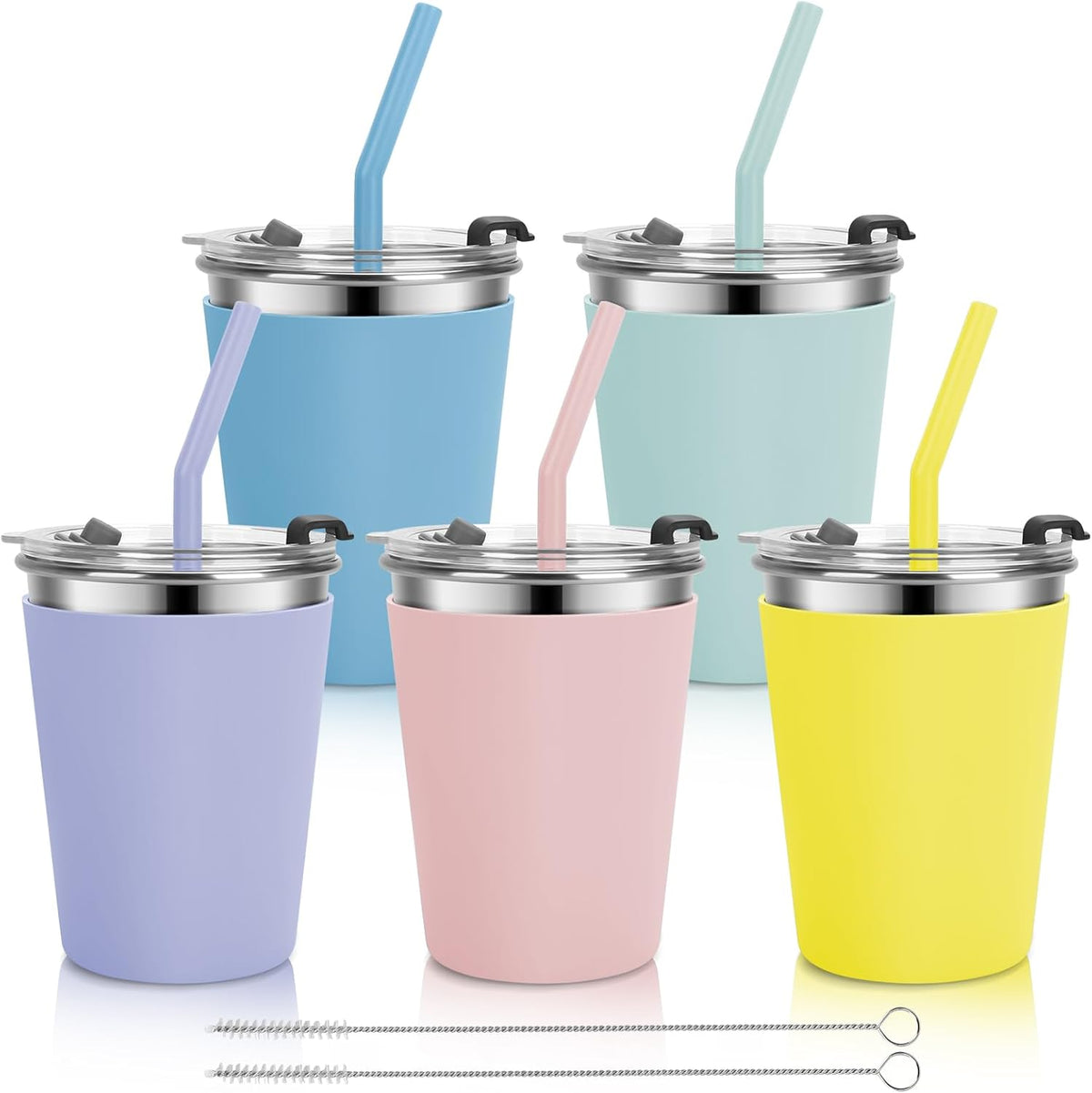 Flantor 5 Pack Kids Cups with Straws and Lids Leak Proof, 12 oz Spill Proof Stainless Steel Water Tumblers with Anti-Slip Sleeves for Hot or Cold Drinks