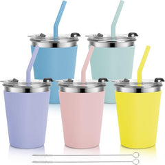 Flantor 5 Pack Kids Cups with Straws and Lids Leak Proof, 12 oz Spill Proof Stainless Steel Water Tumblers with Anti-Slip Sleeves for Hot or Cold Drinks
