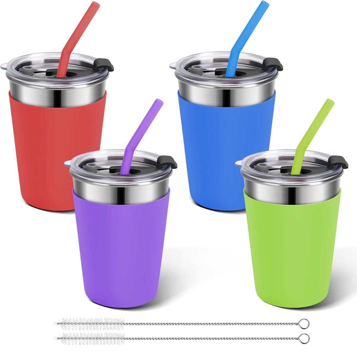 Flantor Kids Cups with Straws and Lids 4 Pack, 12 oz Spill-Proof Stainless Steel Drinking Water Tumblers with Anti-Slip Sleeves for Hot or Cold Drinks
