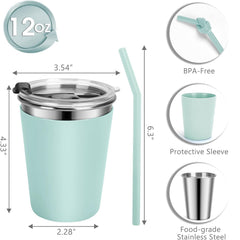 Flantor Kids Cups with Straws and Lids 2 Pack, 12 oz Spill-Proof Stainless Steel Drinking Water Tumblers with Anti-Slip Sleeves for Hot or Cold Drinks