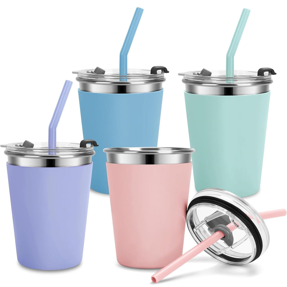 Flantor Kids Cups with Straws and Lids 4 Pack, 12 oz Spill-Proof Stainless Steel Drinking Water Tumblers with Anti-Slip Sleeves for Hot or Cold Drinks
