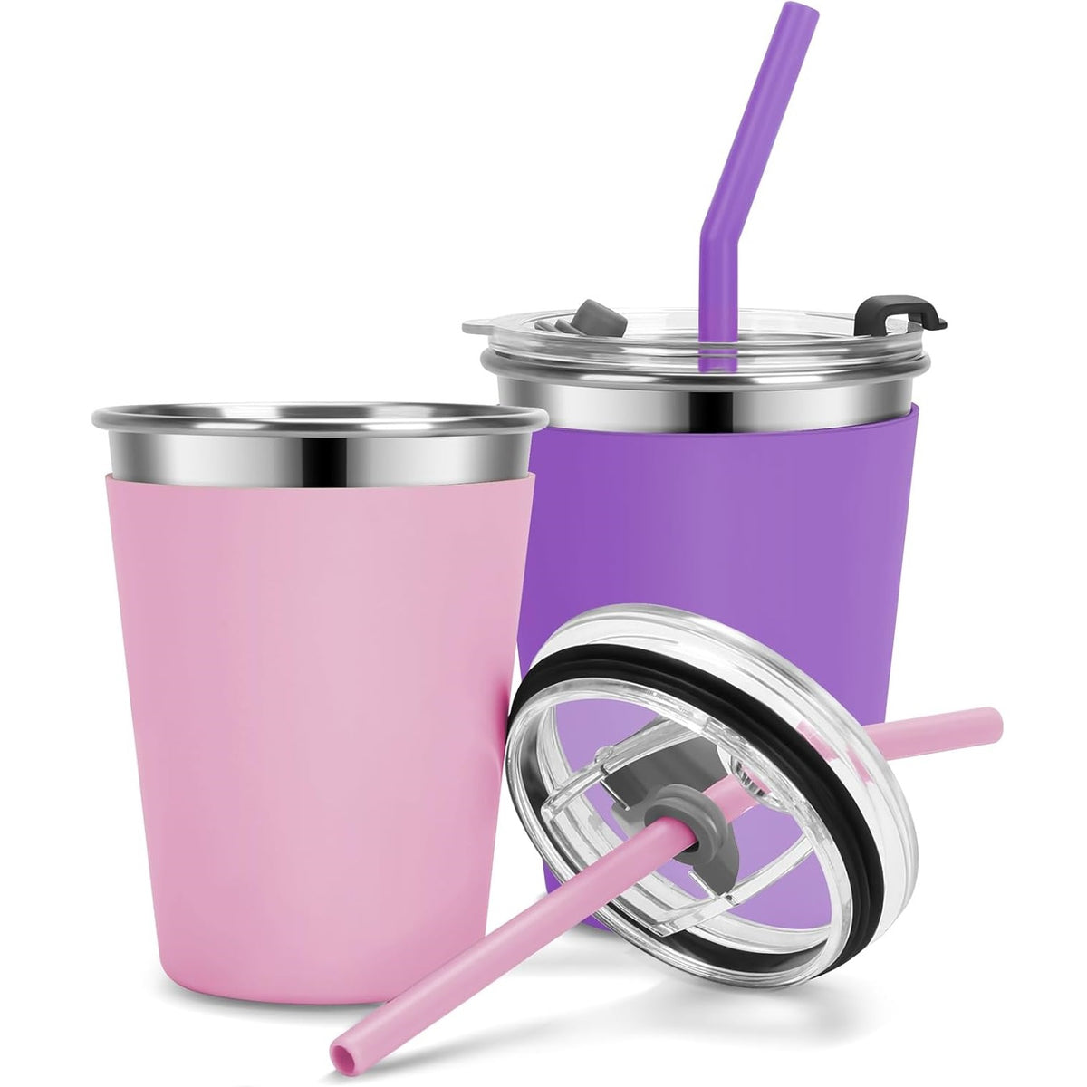 Flantor Kids Cups with Straw and Lids, 12 oz Leak-Proof Stainless Steel Drinking Water Tumblers, Set of 2