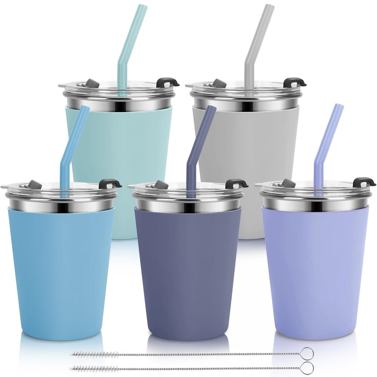 Flantor 5 Pack Kids Cups with Straws and Lids Leak Proof, 12 oz Spill Proof Stainless Steel Water Tumblers with Anti-Slip Sleeves for Hot or Cold Drinks