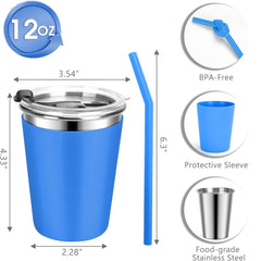 Flantor 5 Pack Kids Cups with Straws and Lids Leak Proof, 12 oz Spill Proof Stainless Steel Water Tumblers with Anti-Slip Sleeves for Hot or Cold Drinks