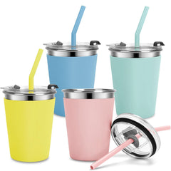 Flantor Kids Cups with Straws and Lids 4 Pack, 12 oz Spill-Proof Stainless Steel Drinking Water Tumblers with Anti-Slip Sleeves for Hot or Cold Drinks