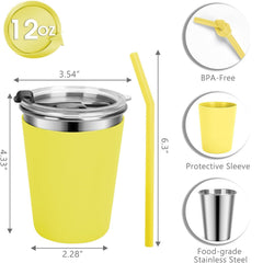 Flantor Kids Cups with Straws and Lids 4 Pack, 12 oz Spill-Proof Stainless Steel Drinking Water Tumblers with Anti-Slip Sleeves for Hot or Cold Drinks