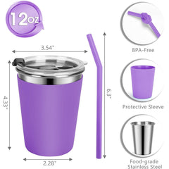 Flantor Kids Cups with Straw and Lids, 12 oz Leak-Proof Stainless Steel Drinking Water Tumblers, Set of 2