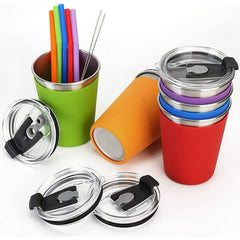 SSAWcasa 5Pcs Kids Cups with Straws and Lids Spill Proof, 12oz Toddler Straw Cups with Silicone Sleeves, Stainless Steel Water Tumblers for Cold & Hot Drinks