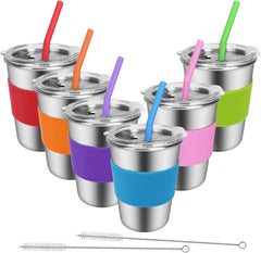 Flantor Kids Cups with Straws and Lids 6 Pack, 12 oz Leak-Proof Stainless Steel Drinking Water Tumblers with Anti-Slip Sleeves for Hot or Cold Drinks