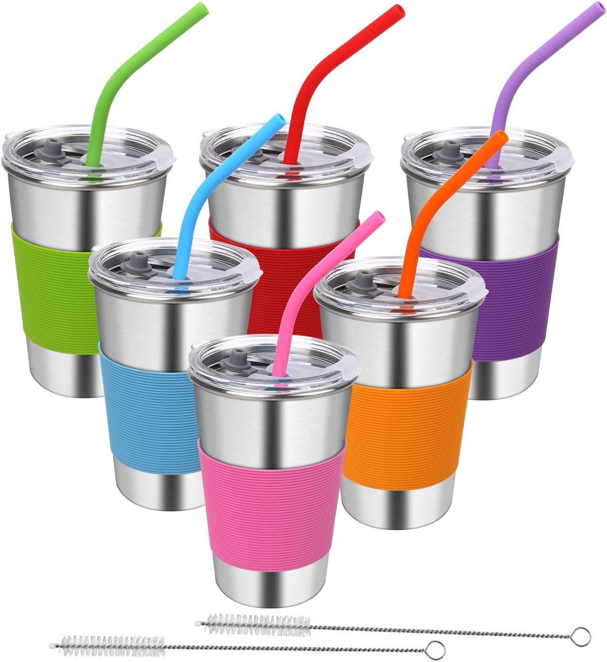 6 Pack 16 oz Kids Cups with Straws and Lids Spill-proof Stainless Steel Drinking Water Tumblers with Anti-slip Sleeves for Children Toddlers Adults