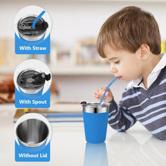 Flantor Kids Cups with Straws and Lids 4 Pack, 12 oz Spill-Proof Stainless Steel Drinking Water Tumblers with Anti-Slip Sleeves for Hot or Cold Drinks