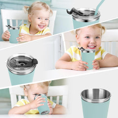 Flantor Kids Cups with Straws and Lids 2 Pack, 12 oz Spill-Proof Stainless Steel Drinking Water Tumblers with Anti-Slip Sleeves for Hot or Cold Drinks