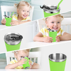 Flantor 5 Pack Kids Cups with Straws and Lids Leak Proof, 12 oz Spill Proof Stainless Steel Water Tumblers with Anti-Slip Sleeves for Hot or Cold Drinks