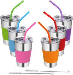 6 Pack 16 oz Kids Cups with Straws and Lids Spill-proof Stainless Steel Drinking Water Tumblers with Anti-slip Sleeves for Children Toddlers Adults