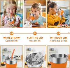 Flantor Kids Cups with Straws and Lids 6 Pack, 12 oz Leak-Proof Stainless Steel Drinking Water Tumblers with Anti-Slip Sleeves for Hot or Cold Drinks