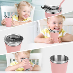 Flantor 5 Pack Kids Cups with Straws and Lids Leak Proof, 12 oz Spill Proof Stainless Steel Water Tumblers with Anti-Slip Sleeves for Hot or Cold Drinks