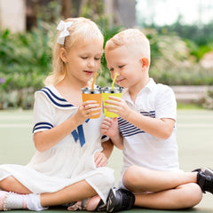 Flantor Kids Cups with Straws and Lids 4 Pack, 12 oz Spill-Proof Stainless Steel Drinking Water Tumblers with Anti-Slip Sleeves for Hot or Cold Drinks