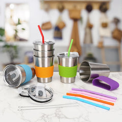 Flantor Kids Cups with Straws and Lids 6 Pack, 12 oz Leak-Proof Stainless Steel Drinking Water Tumblers with Anti-Slip Sleeves for Hot or Cold Drinks