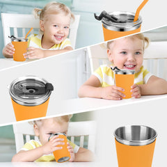 Flantor Kids Cups with Straws and Lids 4 Pack, 12 oz Spill-Proof Stainless Steel Drinking Water Tumblers with Anti-Slip Sleeves for Hot or Cold Drinks