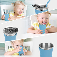 Flantor Kids Cups with Straws and Lids 4 Pack, 12 oz Spill-Proof Stainless Steel Drinking Water Tumblers with Anti-Slip Sleeves for Hot or Cold Drinks