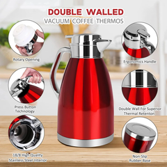 SSAWcasa 61oz Thermal Coffee Carafe Stainless Steel Vacuum Coffee Thermos Urn, Insulated Coffee Dispenser Coffee Flask Pot for Keeping 12 Hours Hot＆24 Hours Cold (Red)