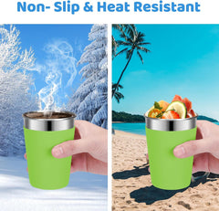 Flantor Kids Cups with Straws and Lids 4 Pack, 12 oz Spill-Proof Stainless Steel Drinking Water Tumblers with Anti-Slip Sleeves for Hot or Cold Drinks